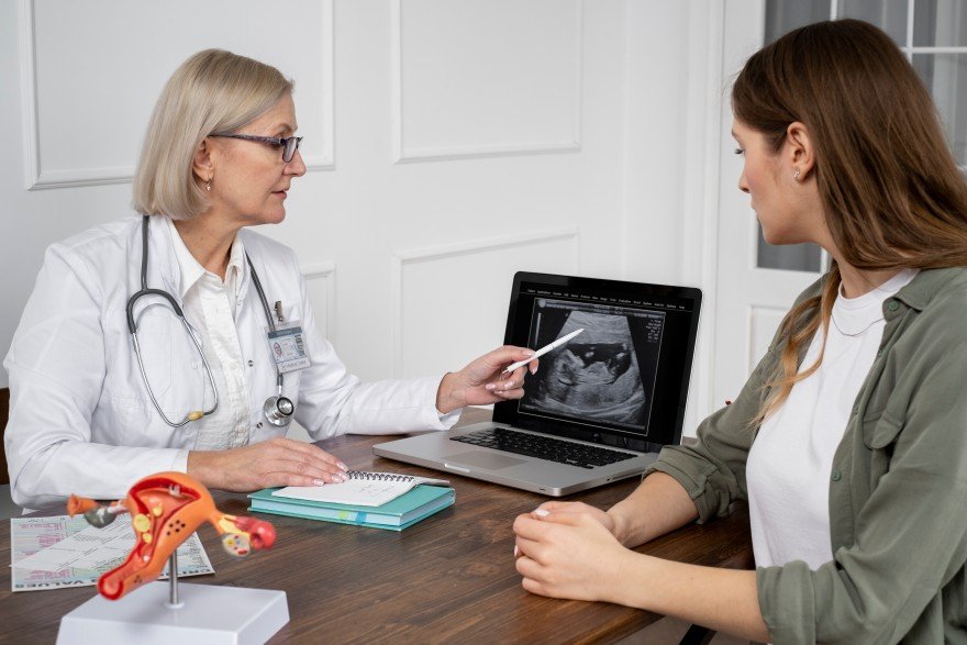 Gynaecologist discussing ultrasound results with a female patient
