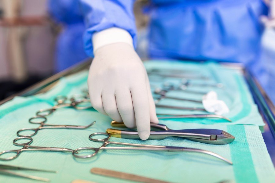 Surgical instruments prepared for a Cesarean section in an operating room